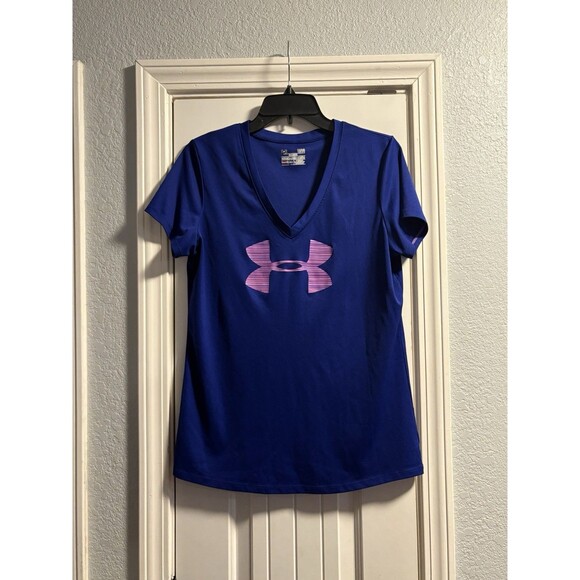 Under Armour Dri-Fit Shirt Large Blue Pink Logo V-Neck Short Sleeve Active Gym - Picture 1 of 4